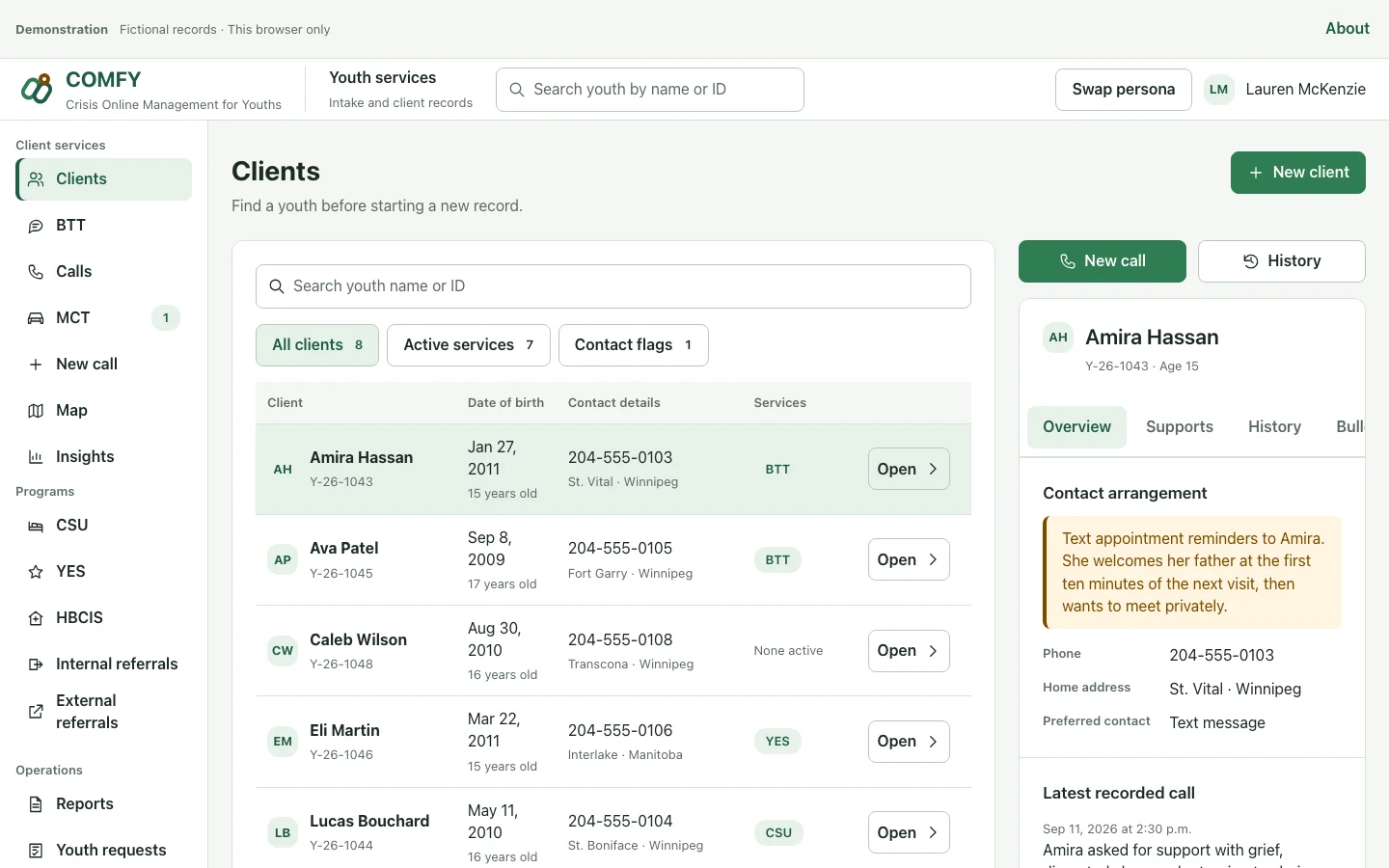 COMFY youth-services workspace with fictional client records.