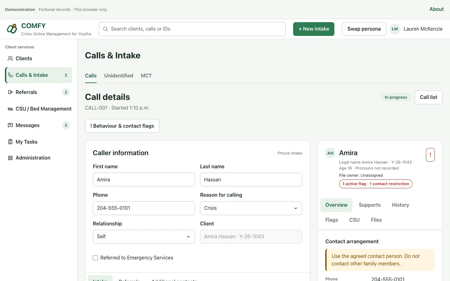 COMFY intake workspace with structured caller information and the client context alongside it.