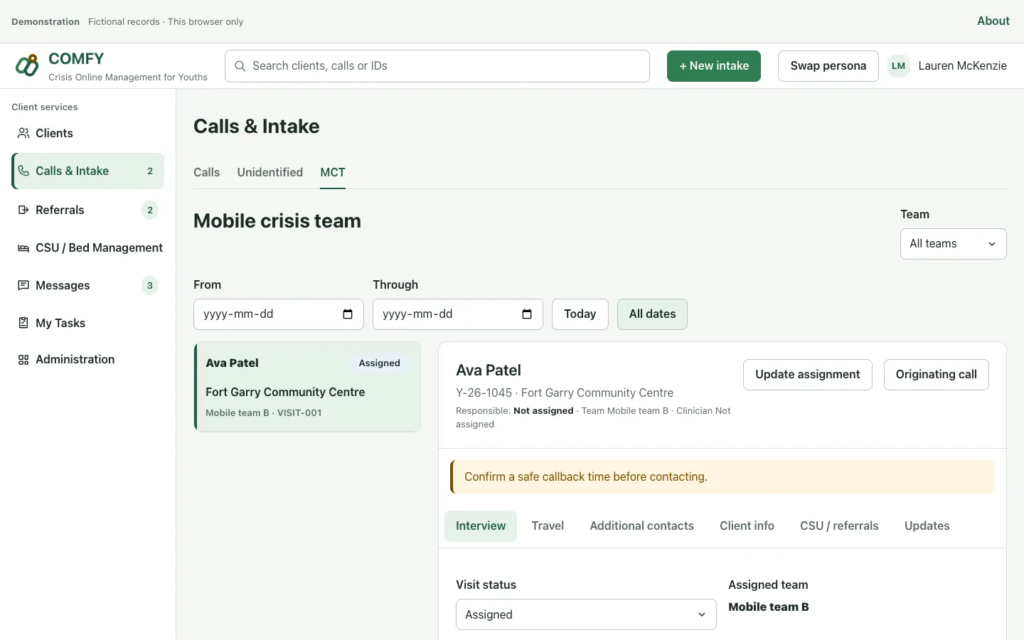 COMFY mobile response workspace showing a fictional team visit and related client information.