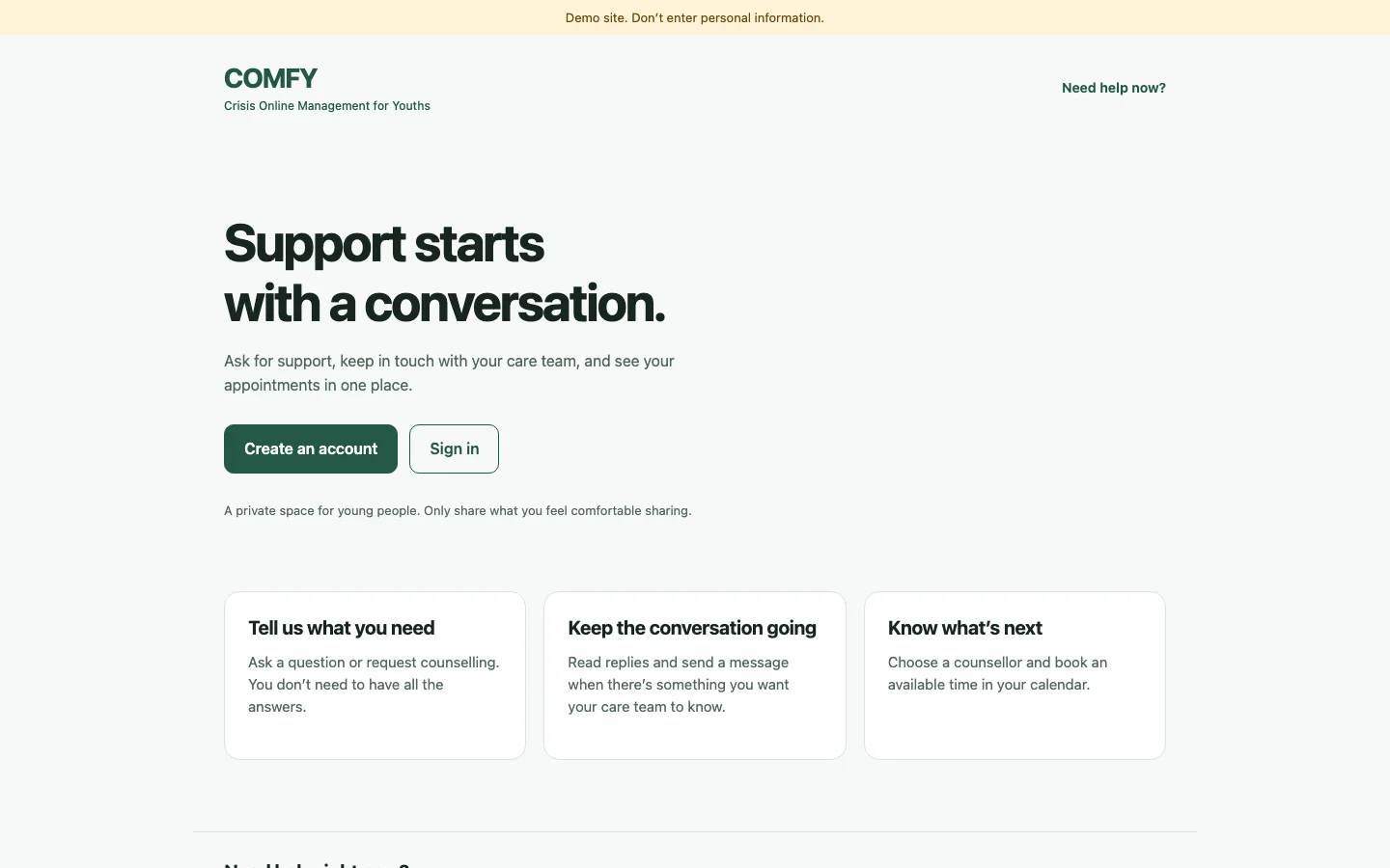 COMFY youth portal with account access and an introduction to support requests, messages and appointments.