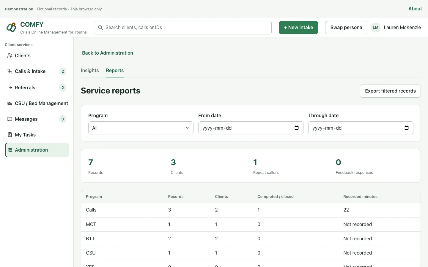 COMFY service report with program filters, summary counts and linked activity records.