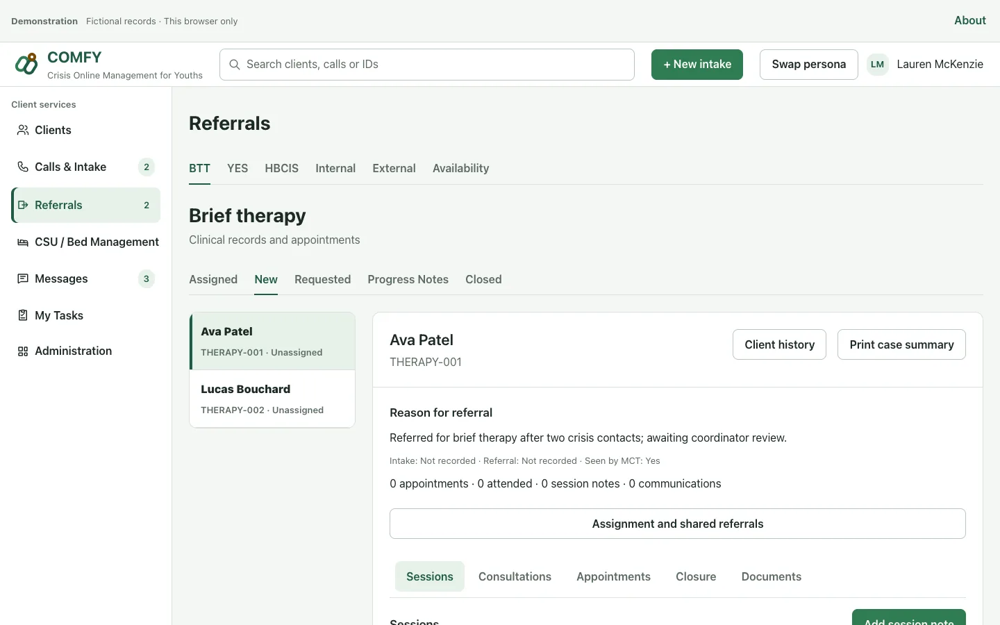 COMFY brief therapy workspace with referrals, clinical records, appointments and client context.