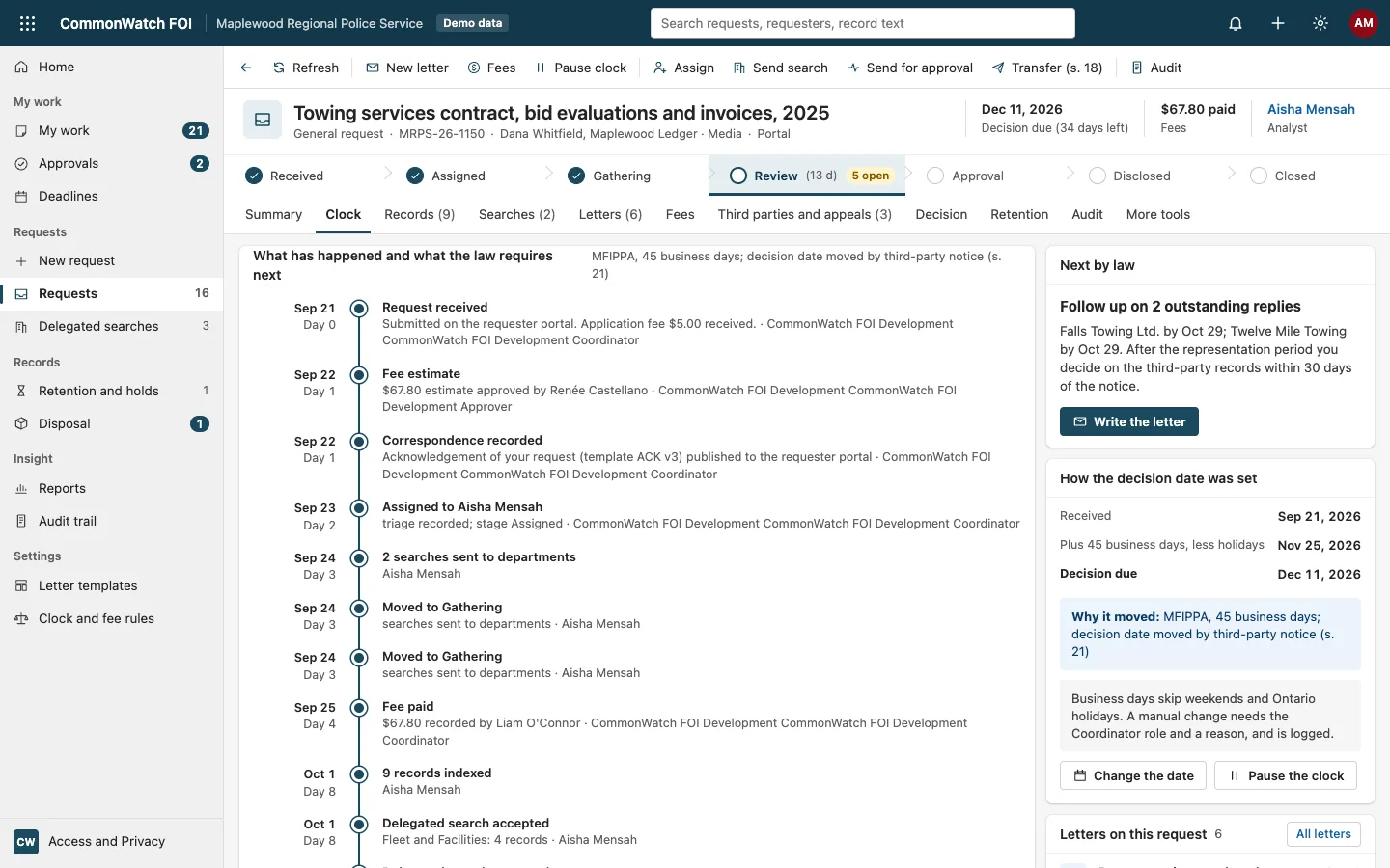 The CommonWatch FOI Clock tab: a timeline in business days, what the law requires next, and how the decision date was set. Fictional data.