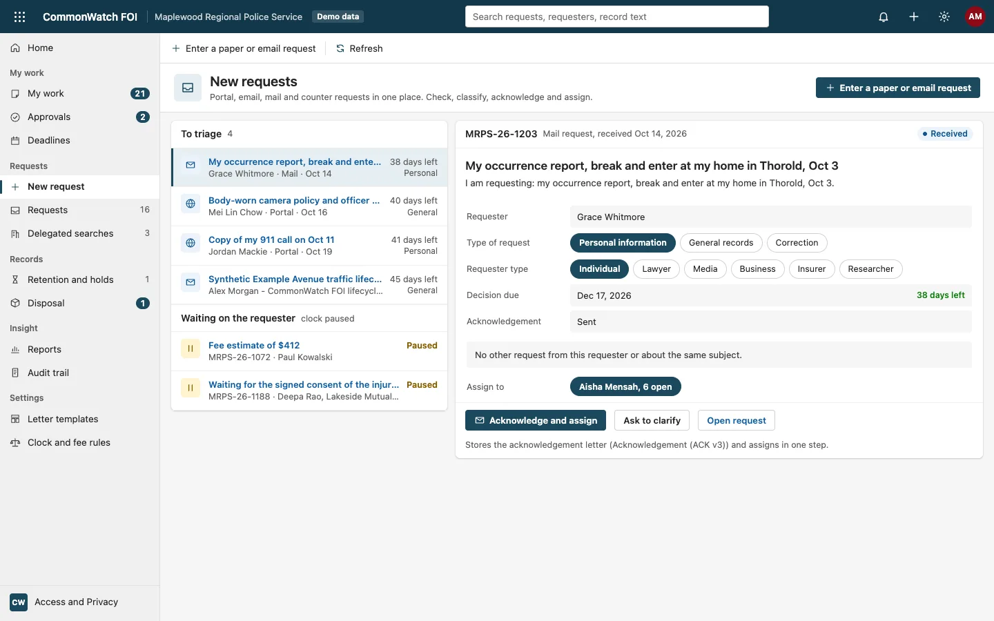 CommonWatch FOI intake for portal, email, mail and counter requests, with triage and one-step acknowledgement. Fictional data.