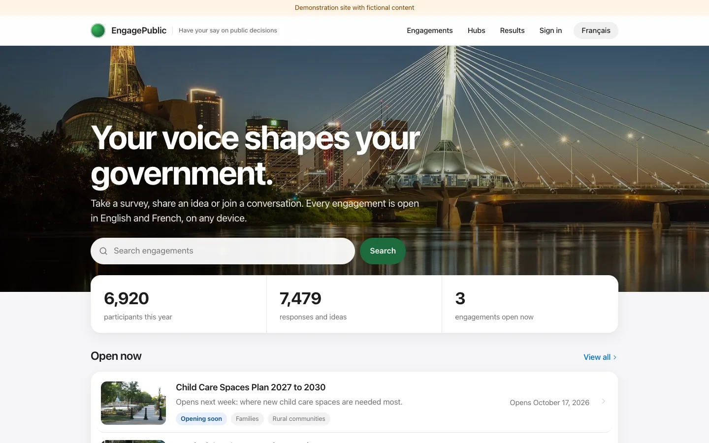 Portage public site home page with search, participation totals and open engagements. Demonstration content.